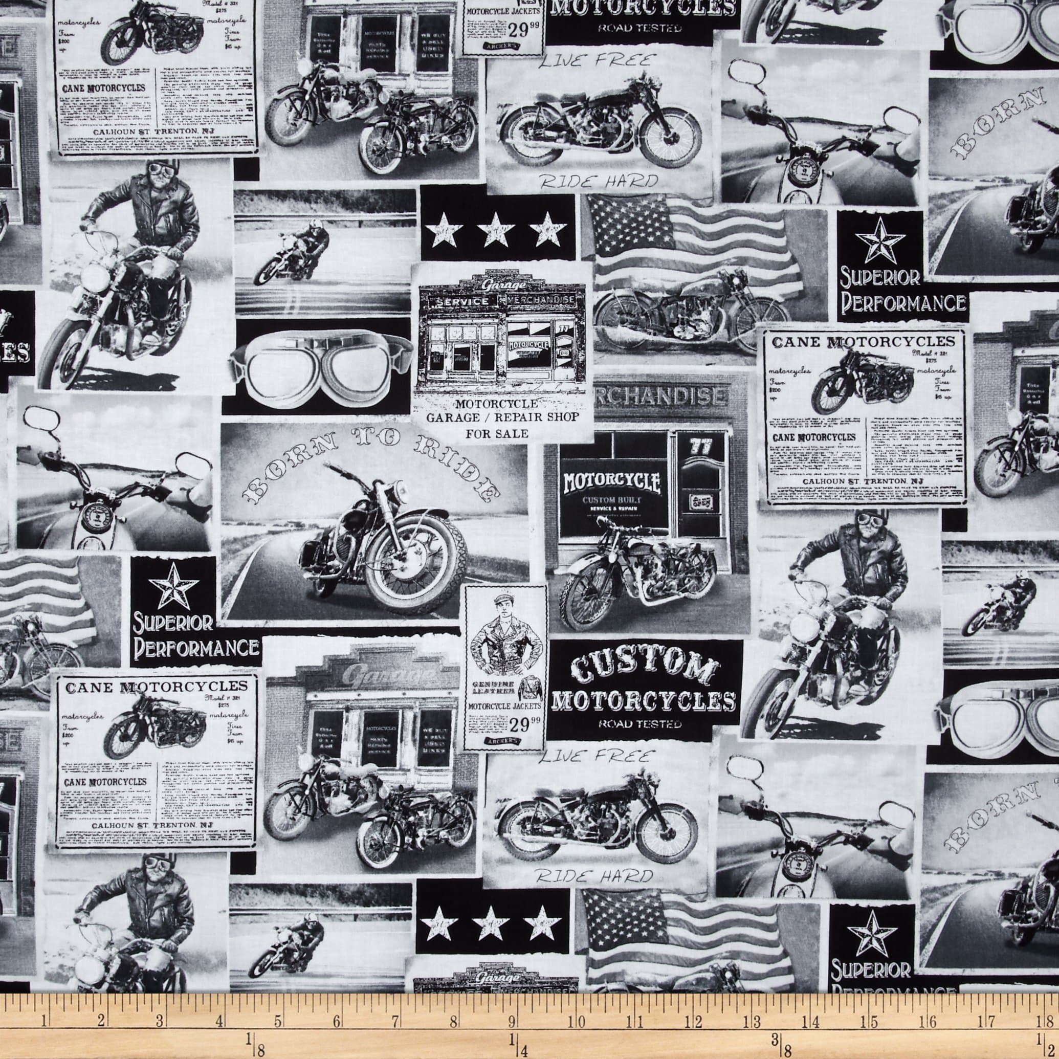 Timeless Treasures Vintage Motorcycles News Fabric 100% Cotton BTY
