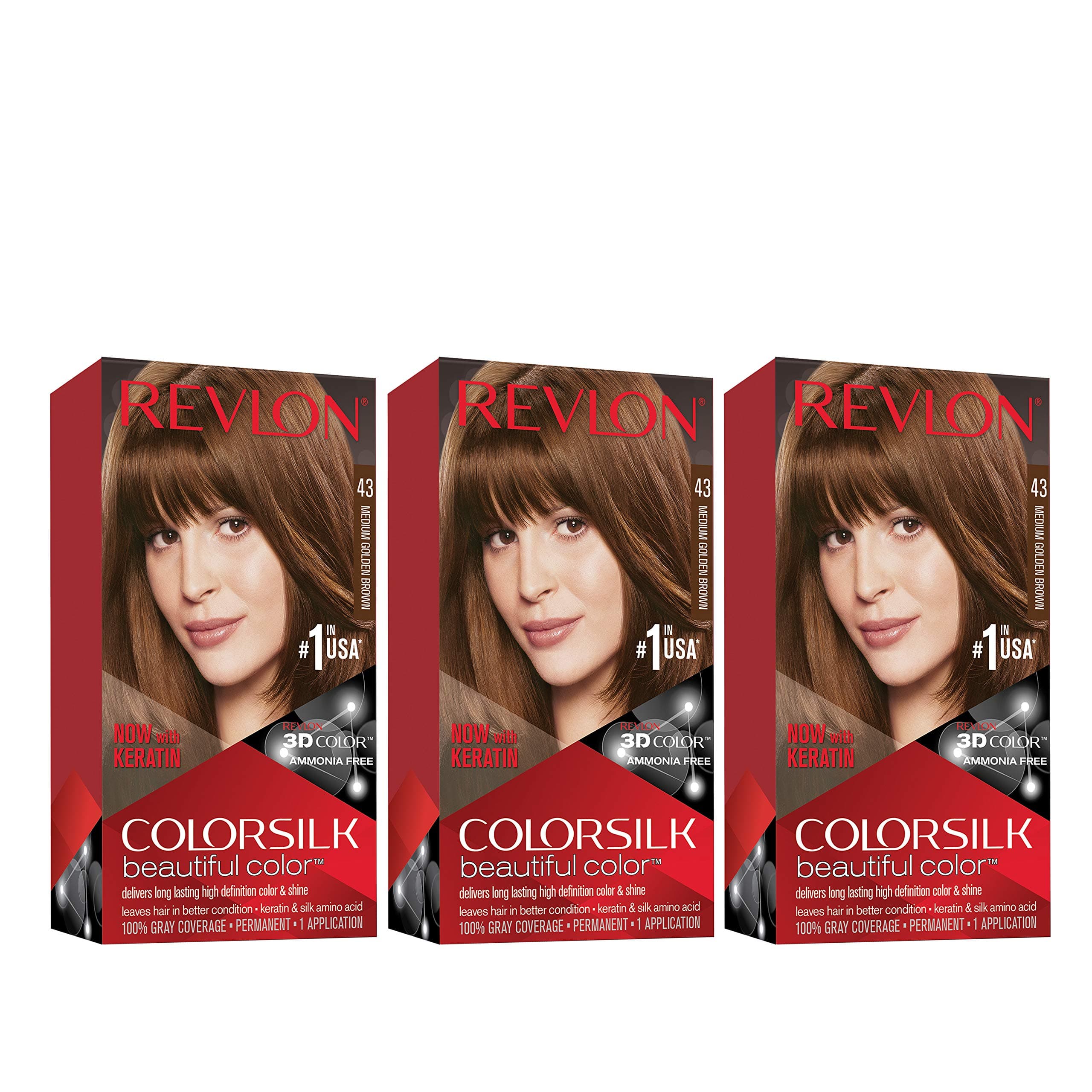 Revlon Permanent Hair Color, Permanent Hair Dye, Colorsilk with 100% Gray Coverage, Ammonia-Free, Keratin and Amino Acids, 43 Medium Golden Brown, 4.4 Oz (Pack of 3)