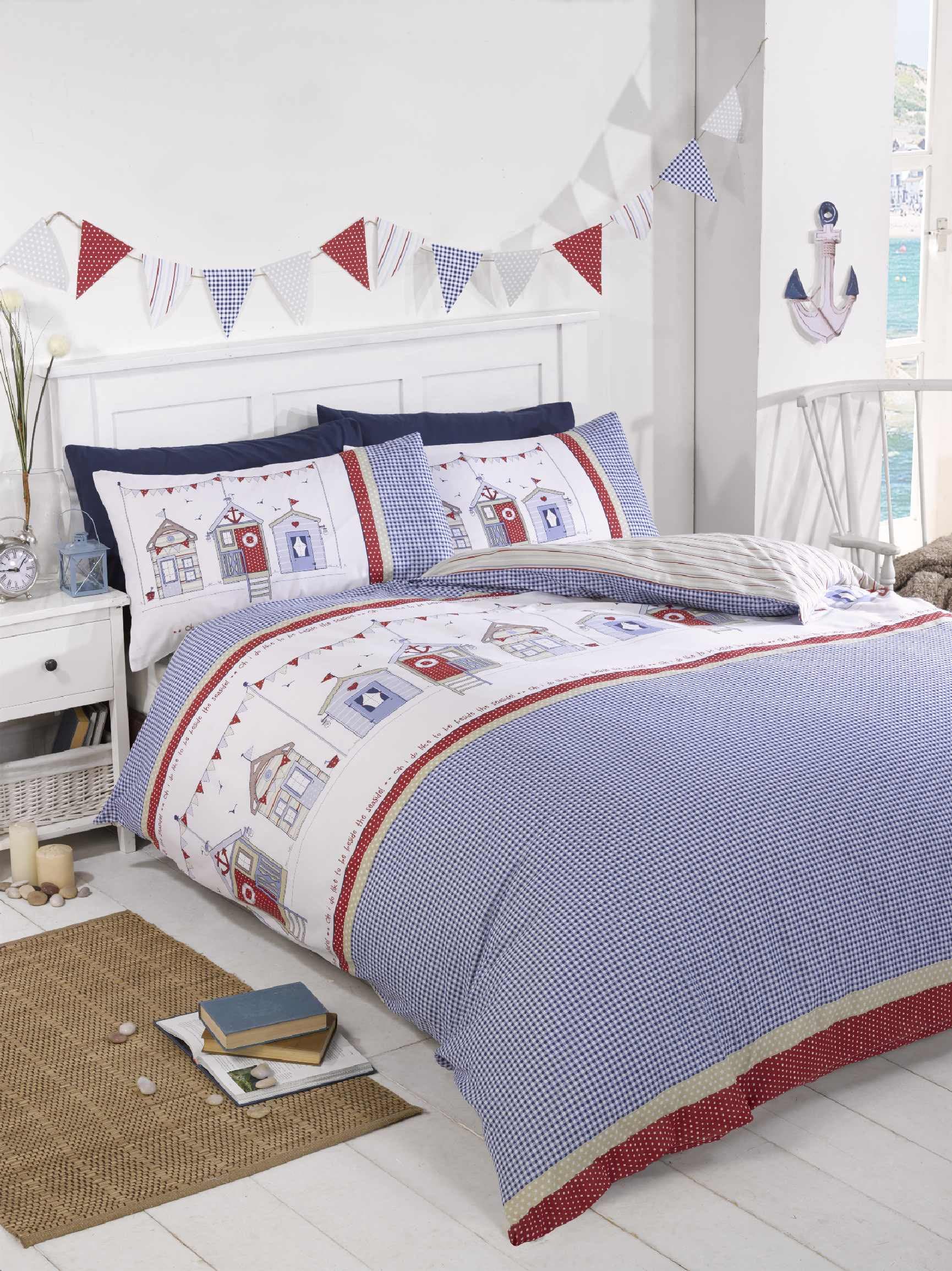 elinens Beach Huts Duvet Cover Set, Blue Red White (Double 200cm x 200cm)
