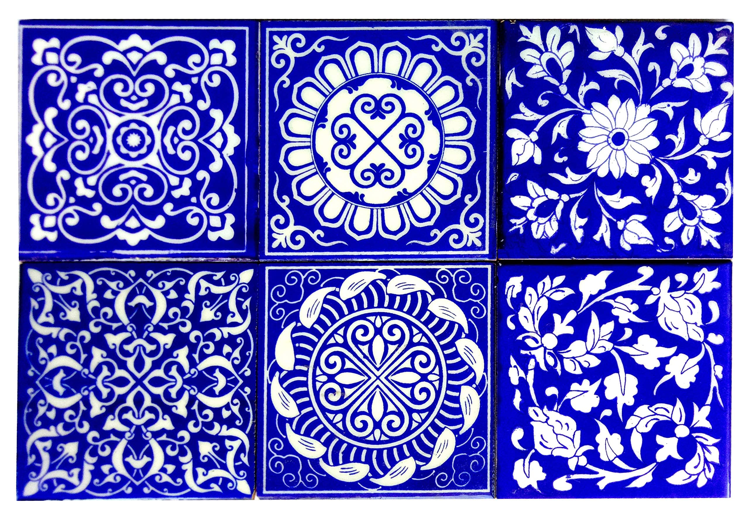 Shiv Kripa Blue Pottery Home Decor Tile Ceramic High Lighter Wall Tiles 4 x 4 Inch Set of 6 Tiles (Blue & White)