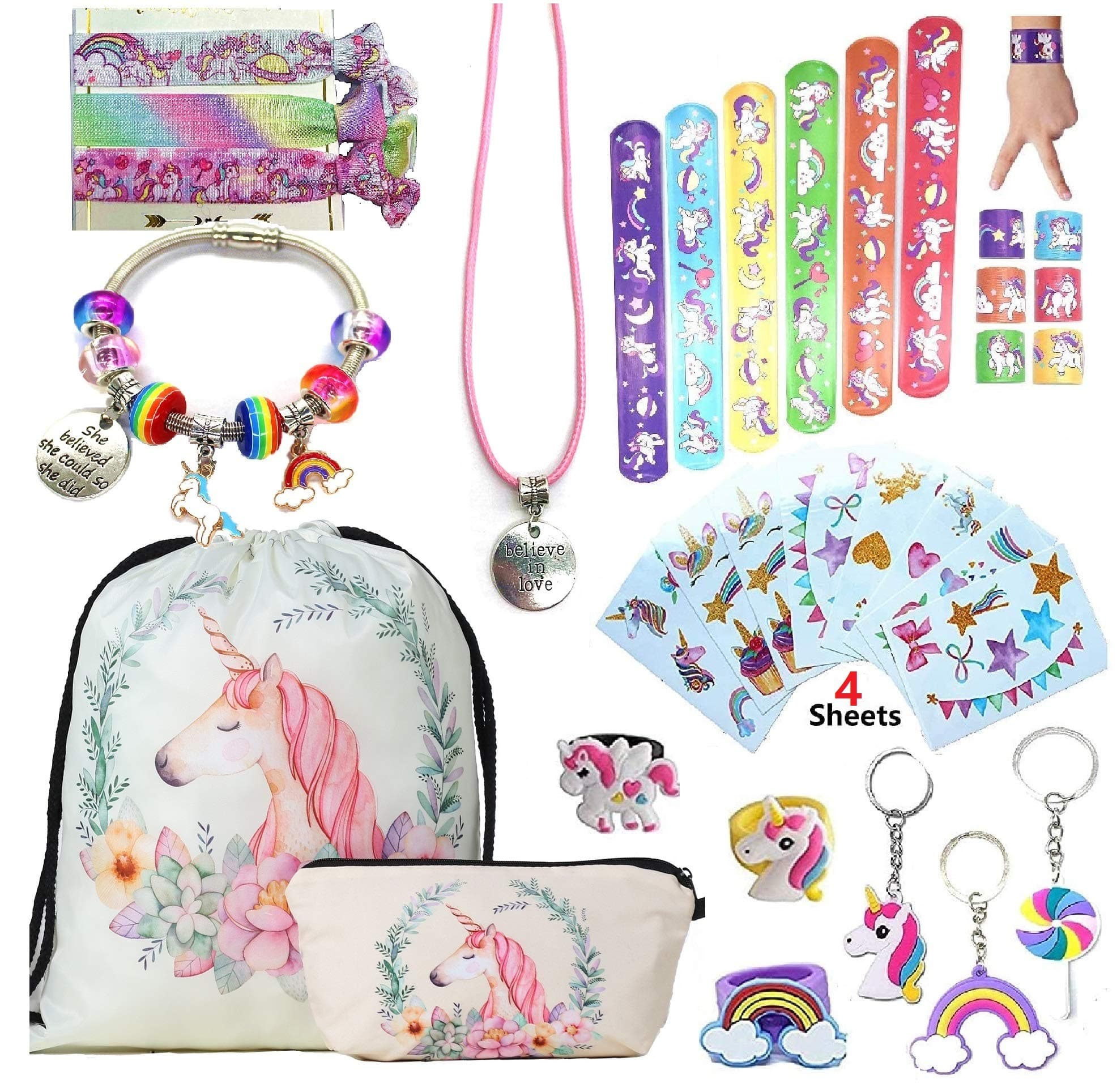 klmars Unicorn Gifts for Girls Teen- Unicorn Drawstring Backpack/Make Up Bag/Slap Bracelet/Jewelry/Necklace/Hair Ties/Sticker Accessories Stuff Party Favors Birthday Gifts Set