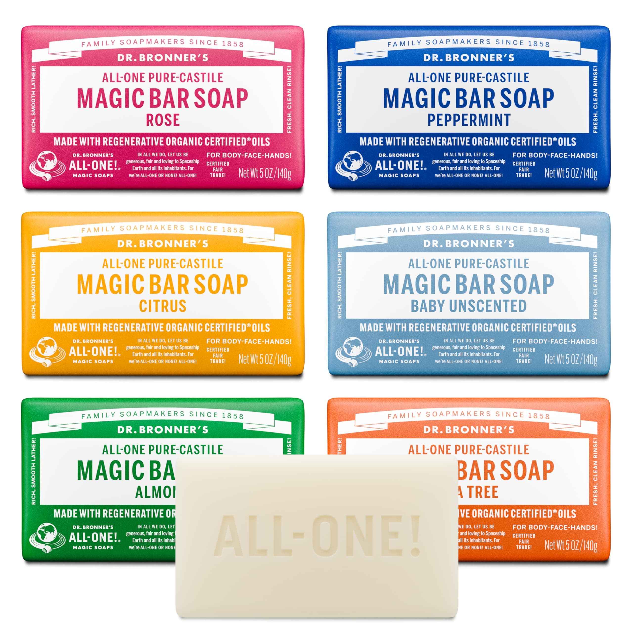 Dr. Bronner's Pure-Castile Magic Bar Soaps (5 Ounce Variety Gift Pack) Almond, Unscented, Lavender, Peppermint, Citrus, Rose - Made with Regenerative Organic Certified Oils, Vegan, Non-GMO