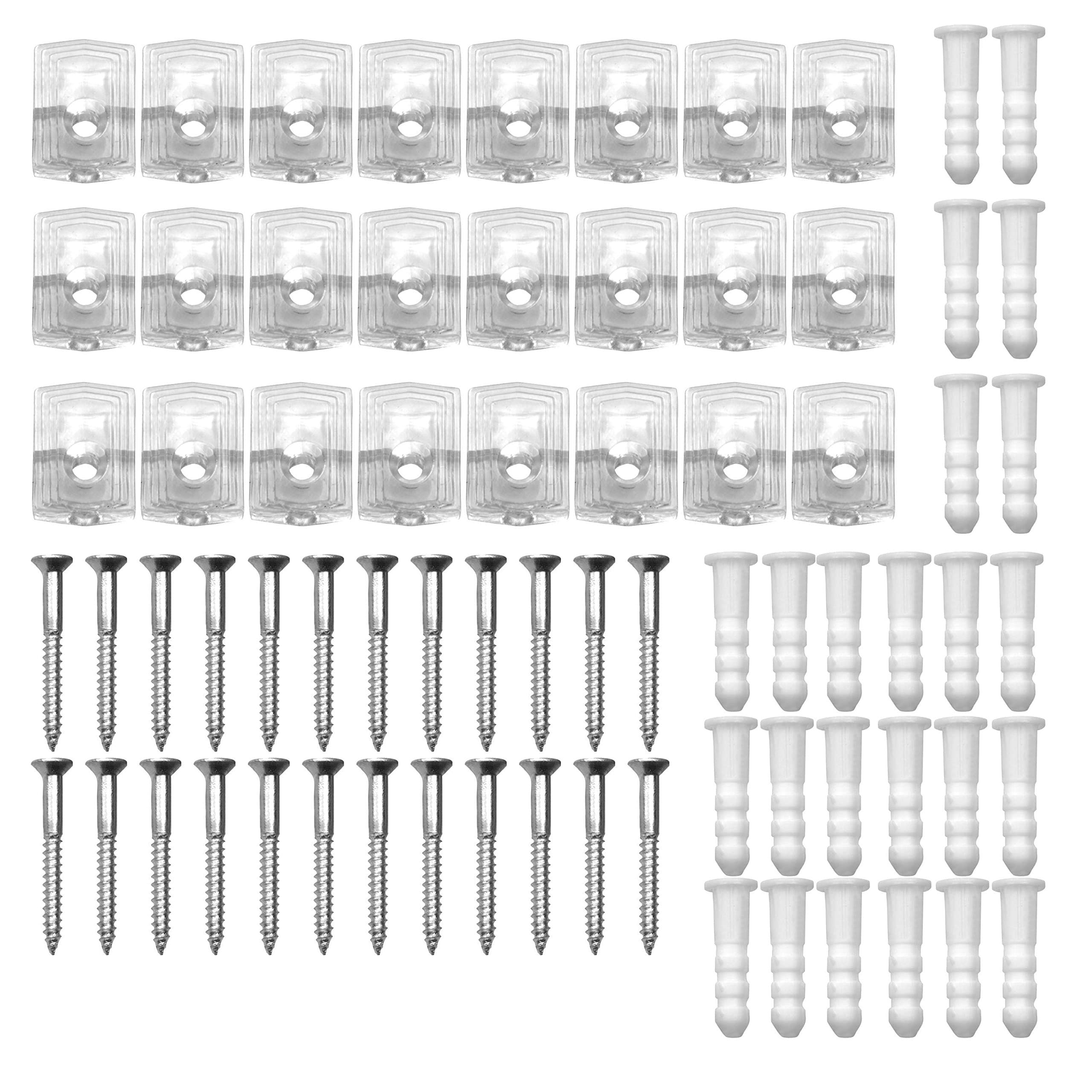 24 Pieces 1/4" Mirror Holder Clips, Hold Up to 21 Pounds, Crystal Clear Plastic, Heavy Duty, Fits Most Mirrors and Pictures, Screws and Anchors Wall Mount Bracket Tool Kit Included for Hanging