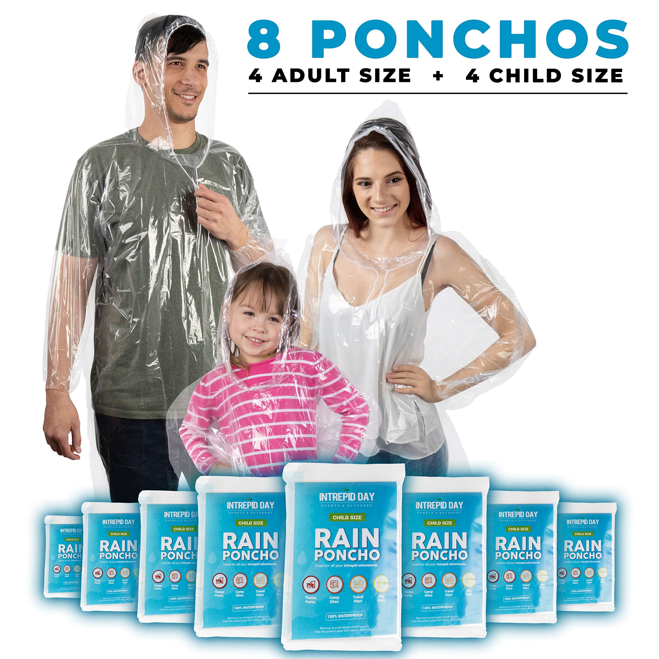 Intrepid DayDisposable Rain Poncho Family 8 Pack: Clear Emergency Raincoat Ponchos w/Hood for Adults & Kids - Heavy Duty One Size Fits All Waterproof Travel Plastic Rain Jacket for Adult Men & Women or Children
