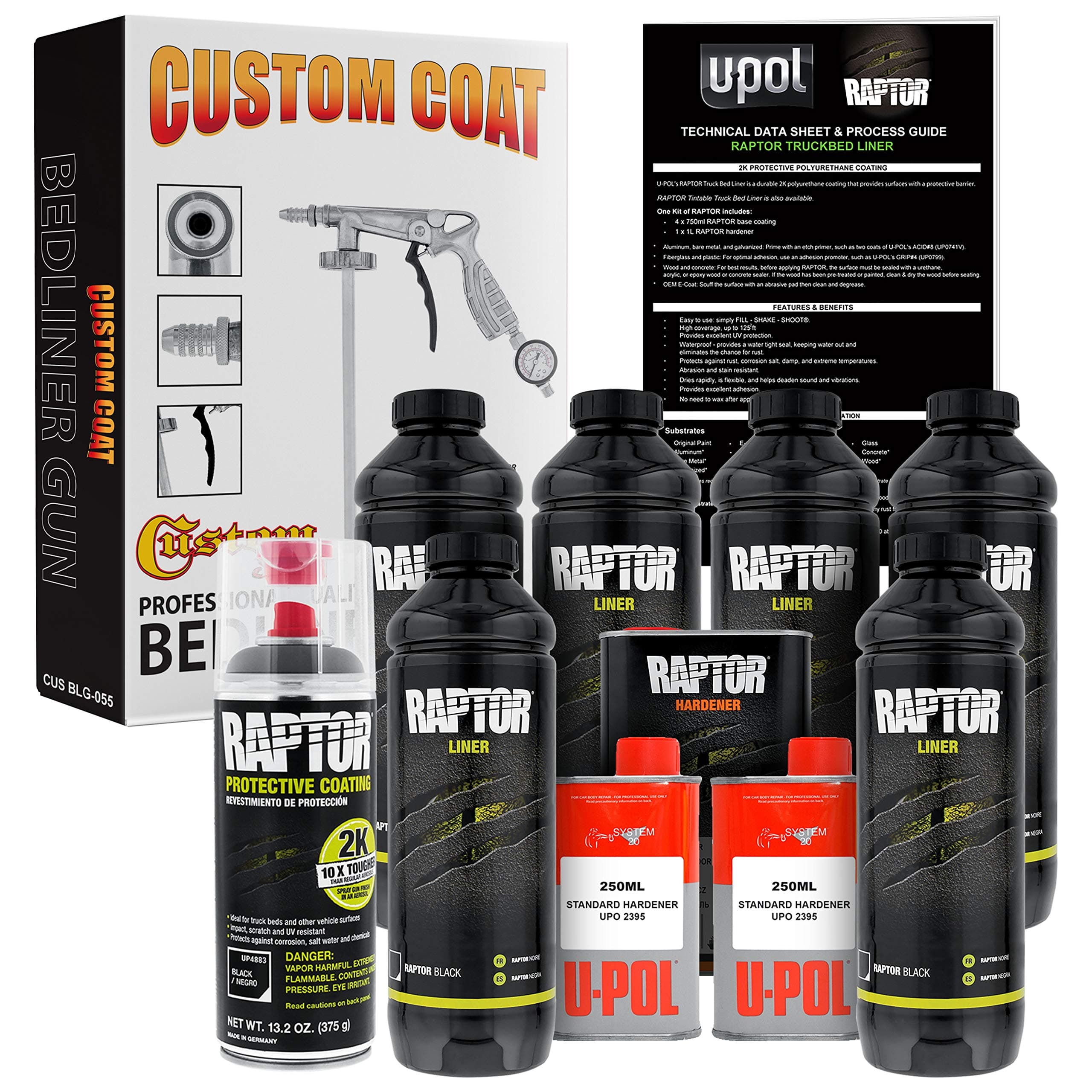 Custom Shop 6 Quart Kit - Black Urethane Spray-On Truck Bed Liner Kit with Custom Coat Spray Gun with Regulator, Bonus Can of Aerosol Bedliner