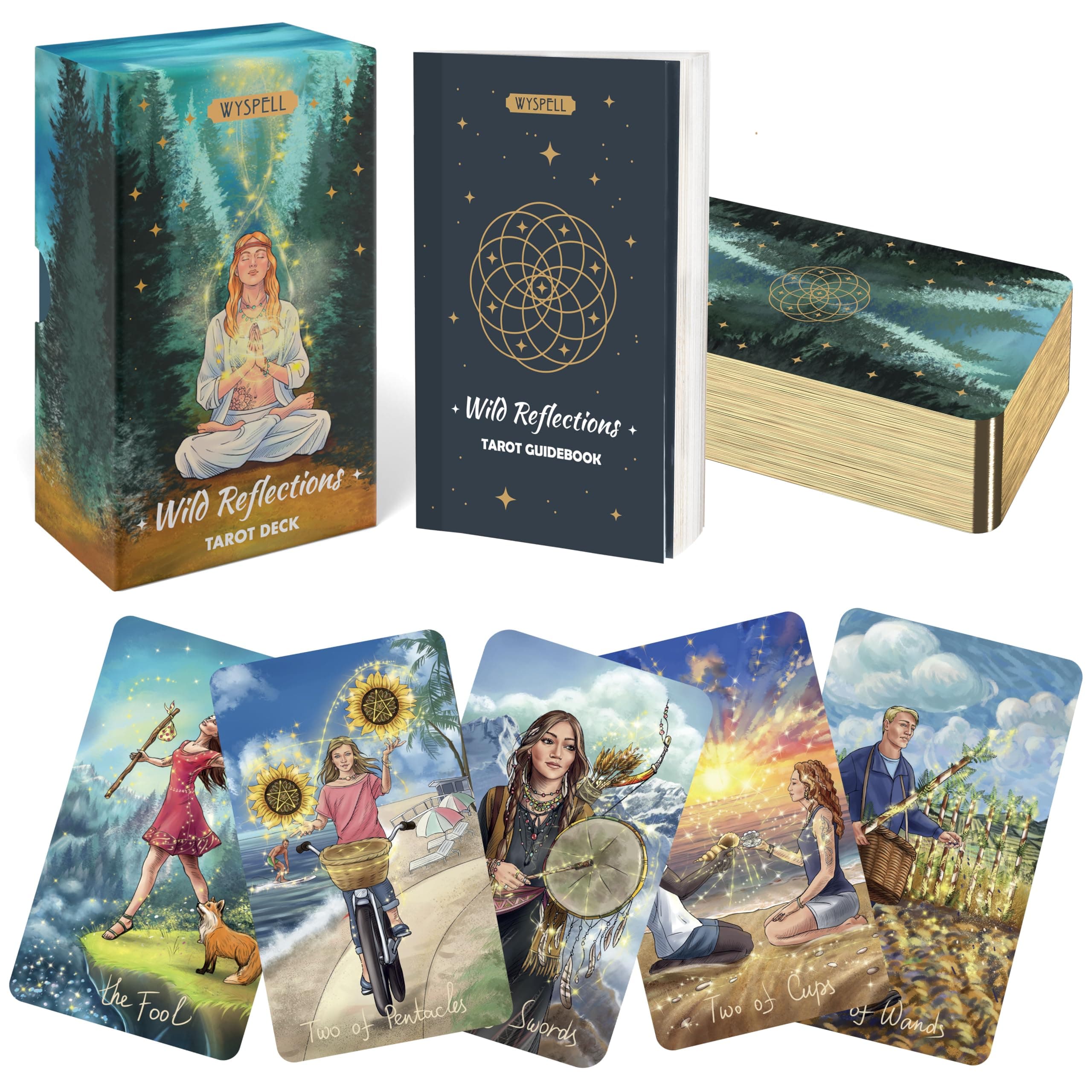 Wyspell Wild Reflections Tarot Deck with 200-Page Guidebook, Gold Edges, and Gift Packaging