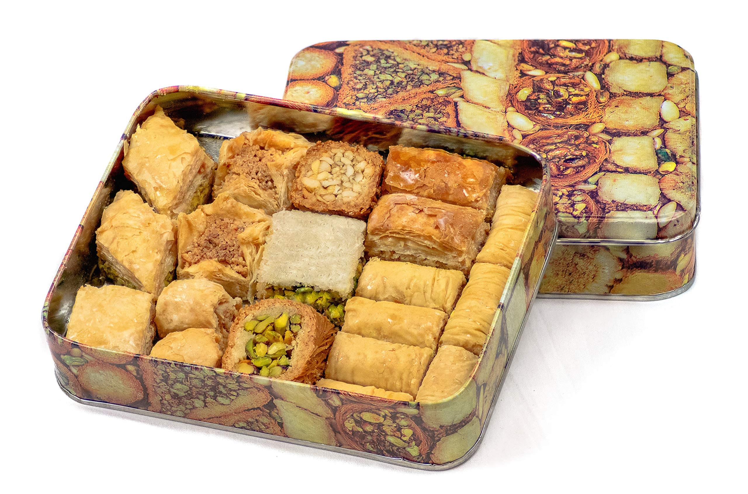 Baklava Baklawa Tin Box, Prime, 500gram, Assorted Baklawa Mixture Including Pistachio Cashew Almonds Walnut Varieties