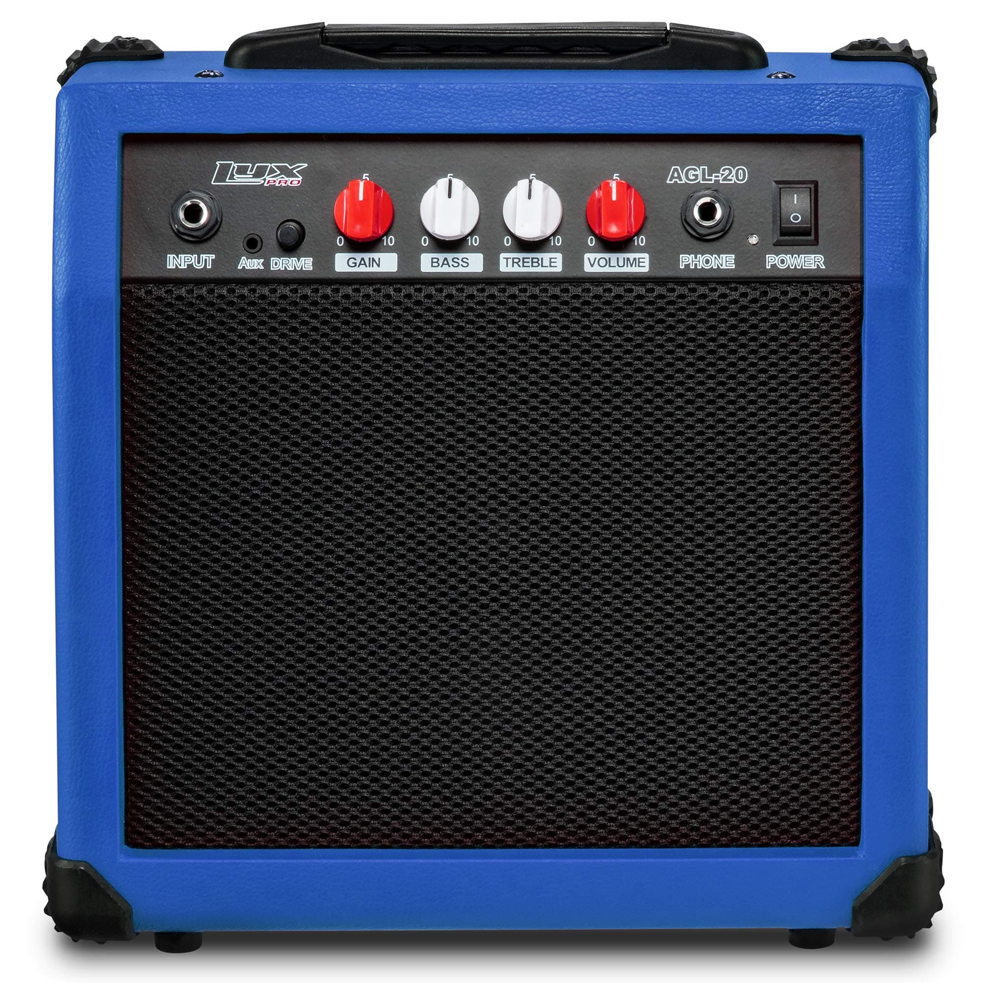 LyxPro Electric Guitar Amp 20 Watt Amplifier Built in Speaker Headphone Jack and Aux Input Includes Gain Bass Treble Volume and Grind - Blue