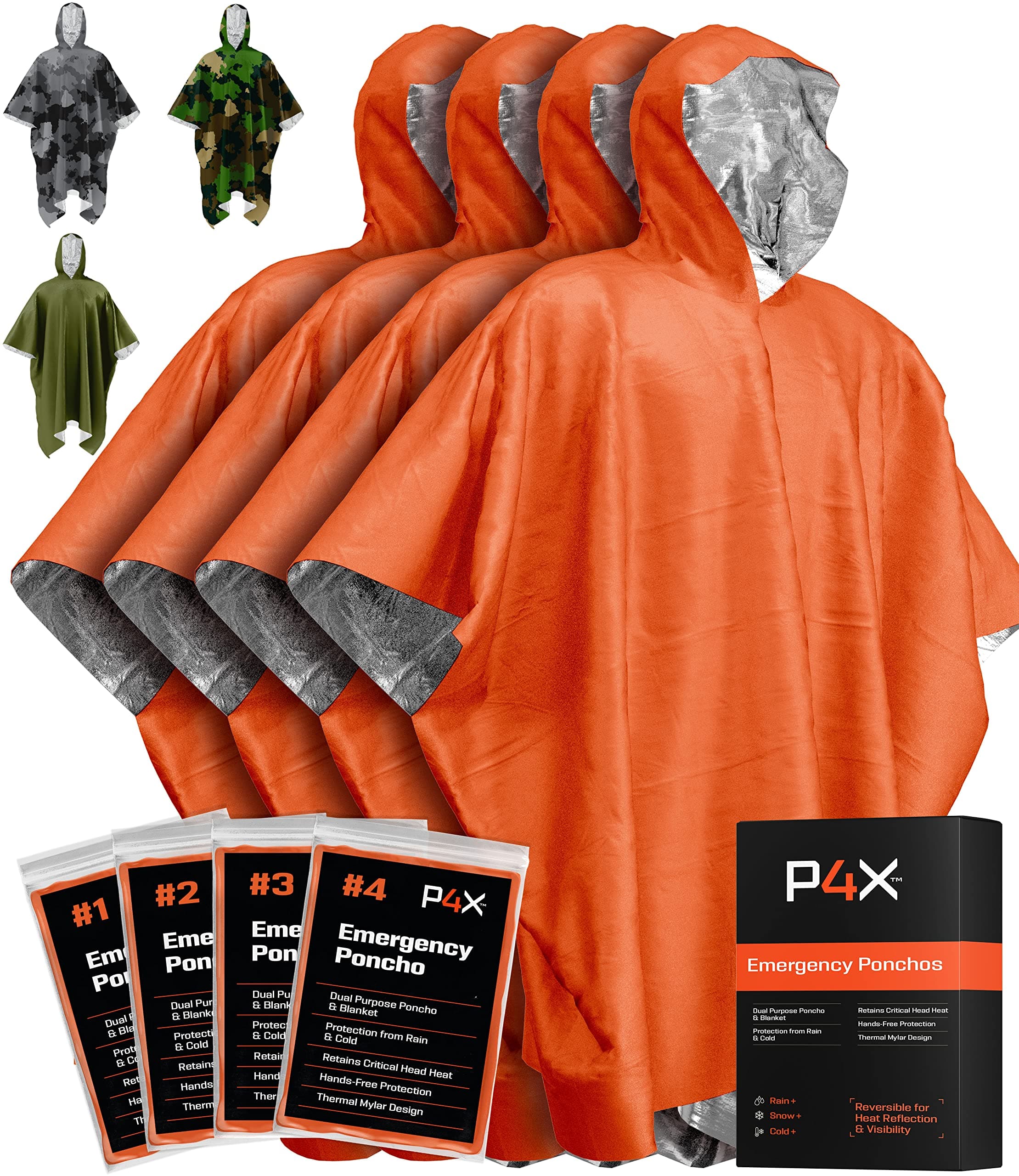 PREPARED4X Emergency Rain Poncho with Mylar Blanket Liner - Survival Blankets for Car - Heavy Duty, Waterproof Camping Gear, Tactical Prepper Supplies– 4 Pack (Orange)