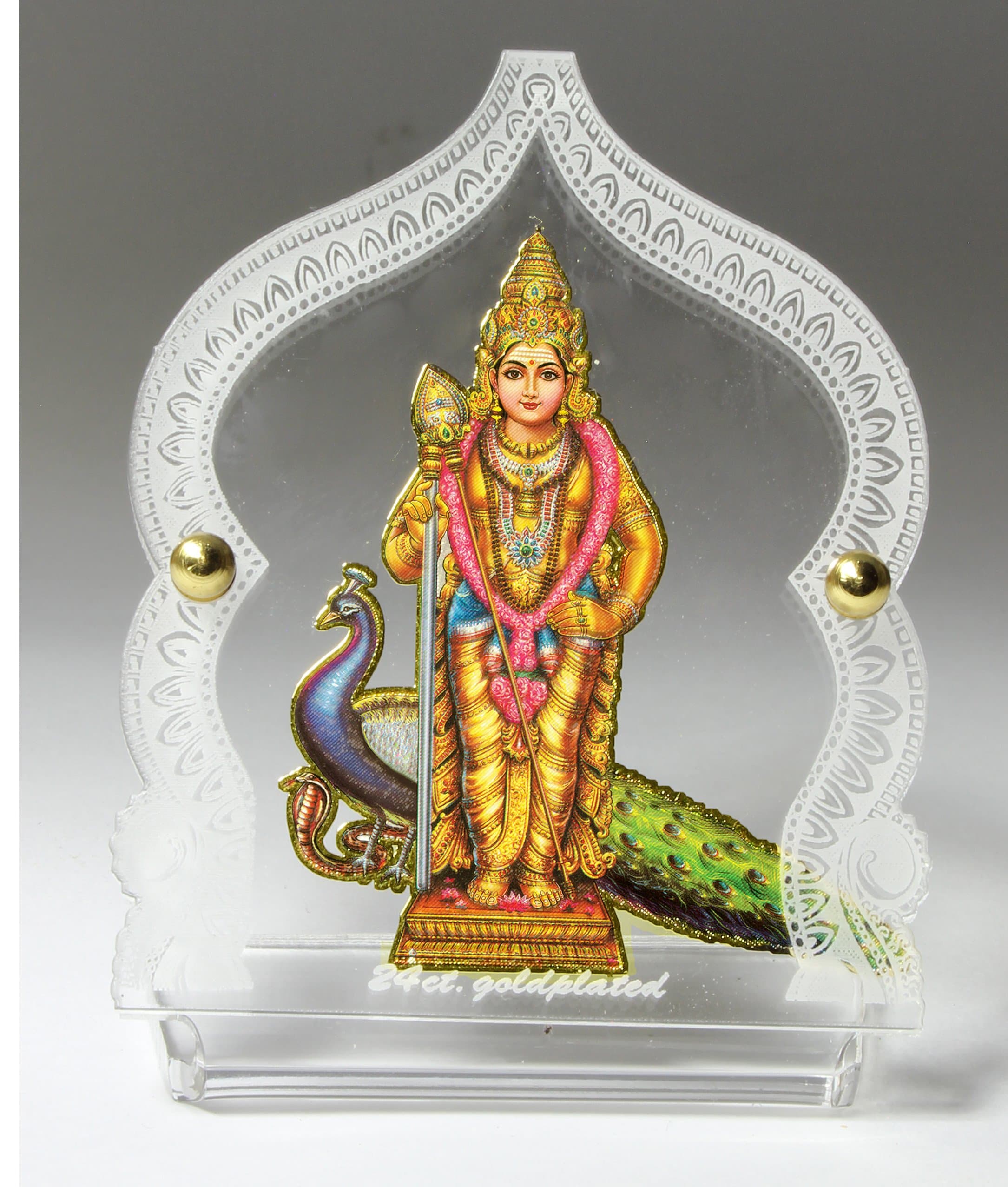 Eknoor 24 Carat Goldplated Idol Foil on Acrylic Base - Lord Swami Kartikeya Ji with Peacock for Car Dashboard and Pooja Ghar