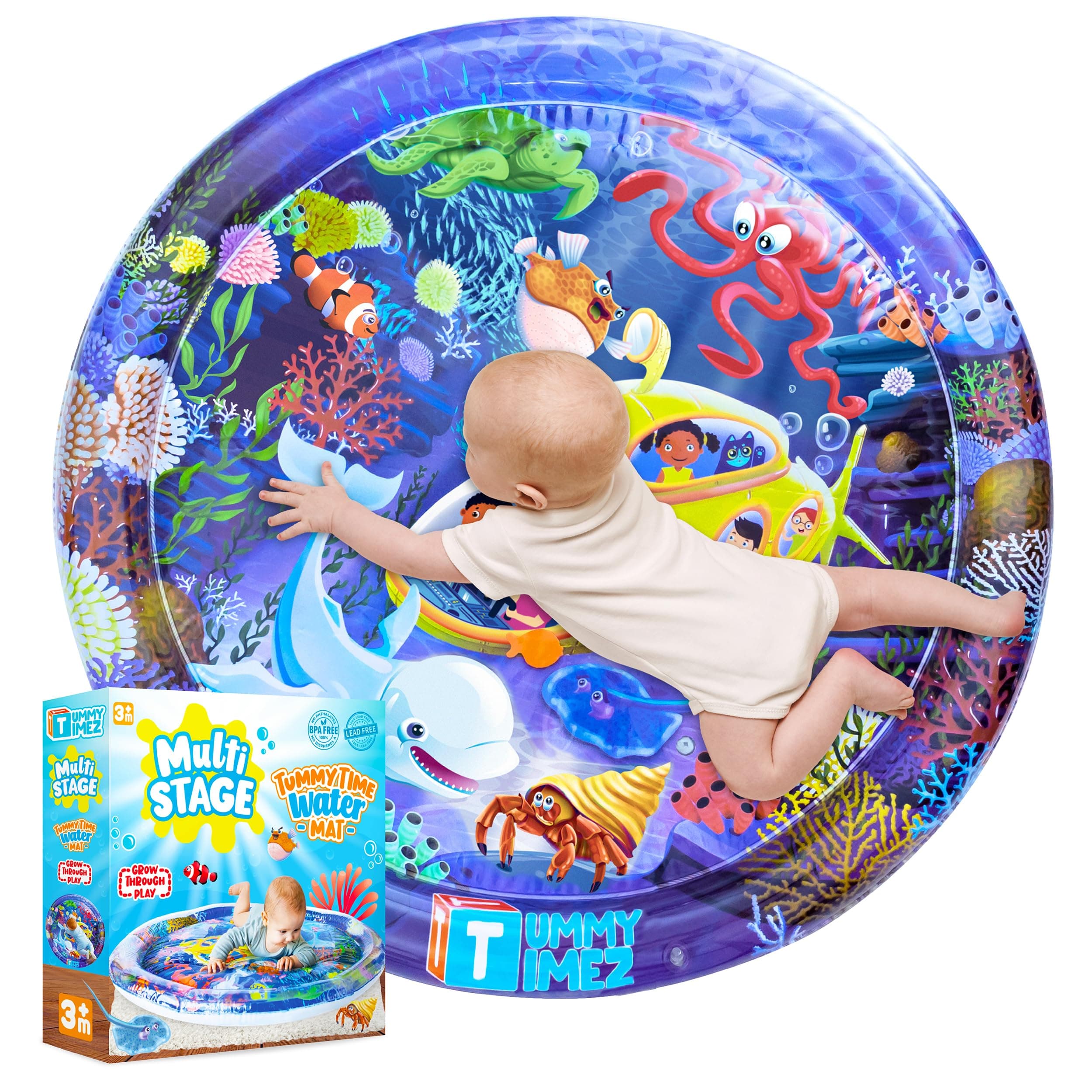 Premium Tummy Time Water Mat, XL Inflatable Activity Center Promoting Baby Motor and Sensory Development, Grow Through Play Sensory Stimulation Gift for Infants Toddlers Boys Girls