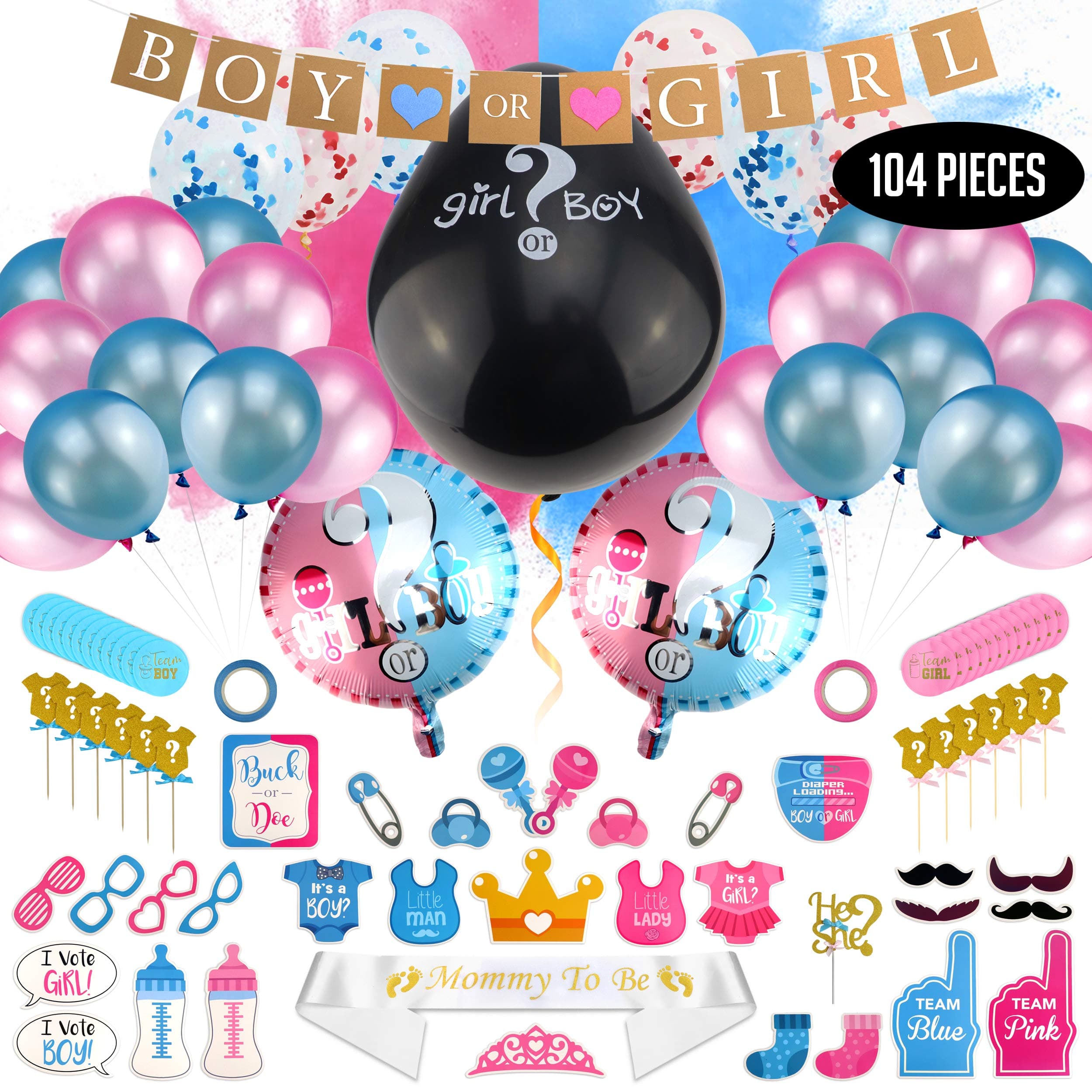 Baby Gender Reveal Party Supplies (104 Pieces) Kit Including Photo Booth Props, 36 Inch Reveal Balloon, Pink and Blue Confetti Balloons, Boy or Girl Banner, Mommy To Be Sash, Baby Shower Decorations, Cup Cake Toppers and more...