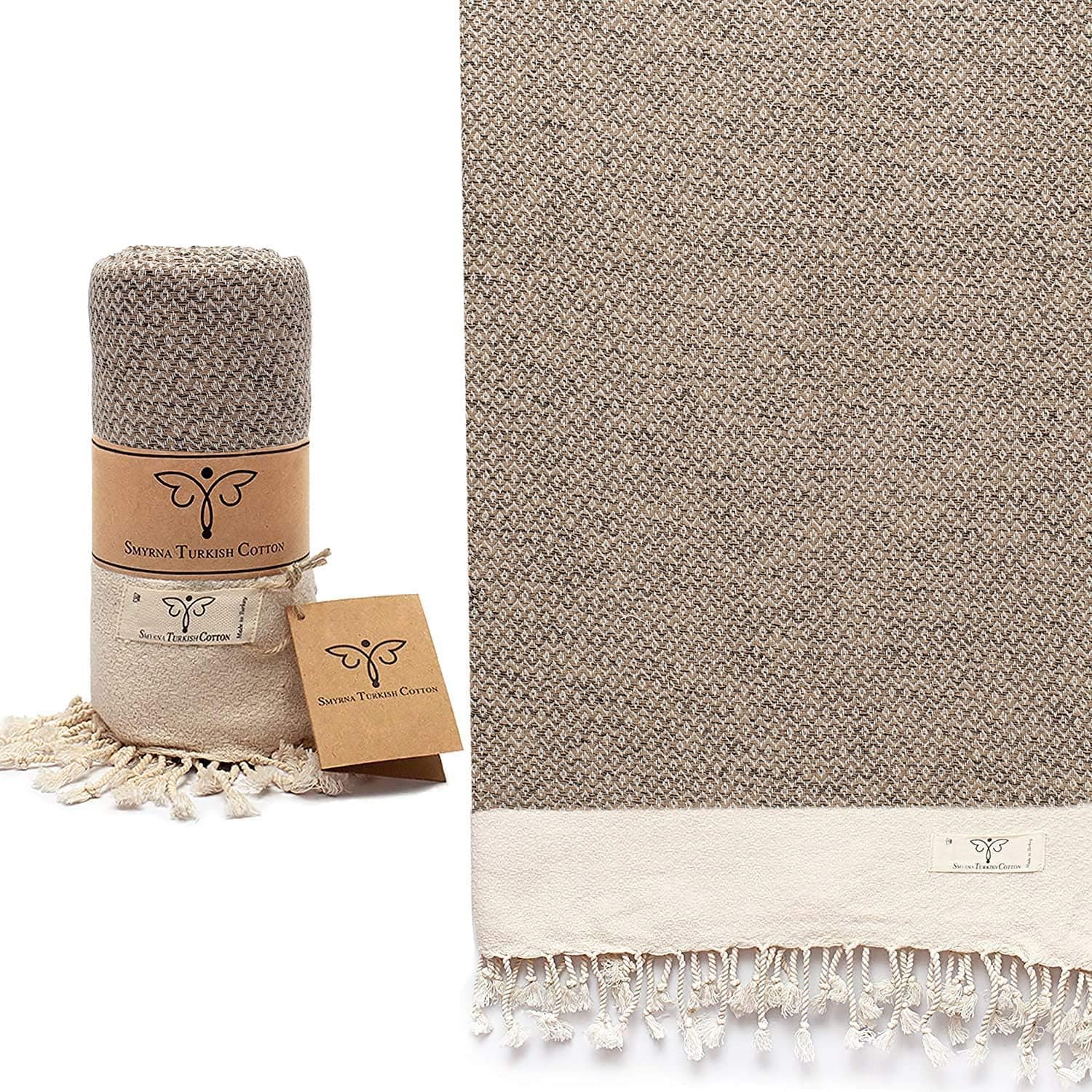 SMYRNA Turkish Cotton Vintage Series Turkish Beach Towel Extra Large Size 37x71 Inch Extra Large Quick Dry Sandless Beach Blanket Lightweight Cotton Pool Spa Travel Gym Adult Bath Towel Latte