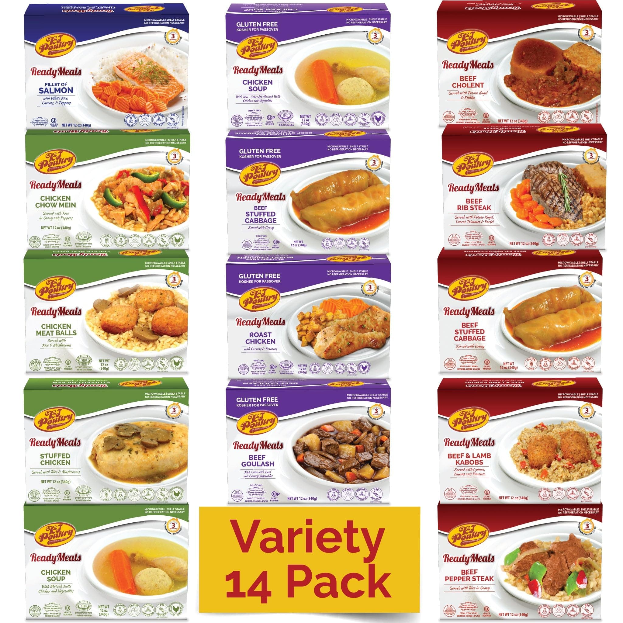 KJ Poultry Kosher Ready Meals - Chicken, Beef and Salmon Fish (14 Pack Variety) Prepared Entree Fully Cooked, Shelf Stable Microwave Dinner Travel, Military, Camping, Emergency Survival
