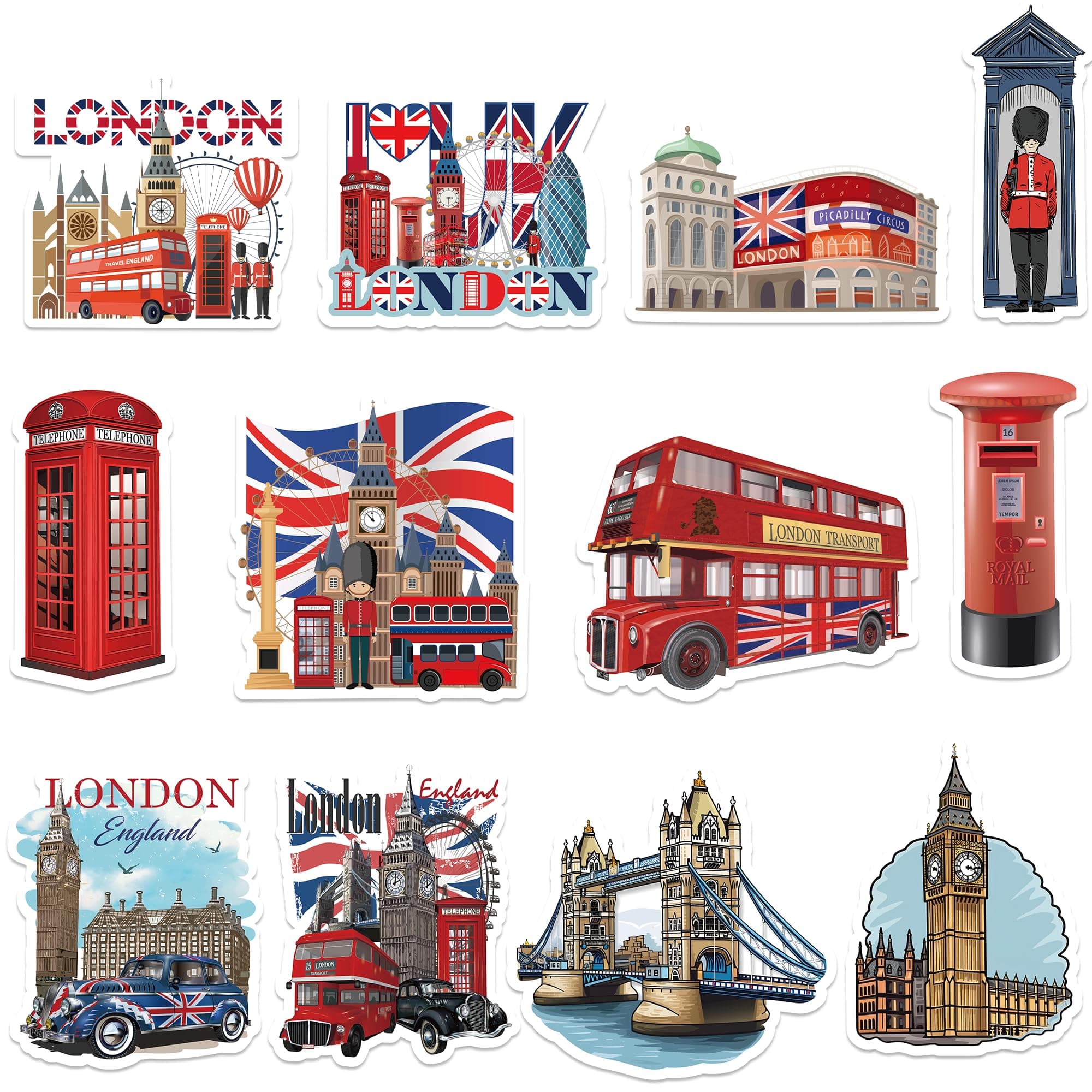 – London Icons Fridge Magnets Souvenir - British Construction Design Set of 12, Double-Deck Bus, Red Phone Box, Tower Bridge, England Car Souvenirs Gifts Magnets for Family Friends Colleague