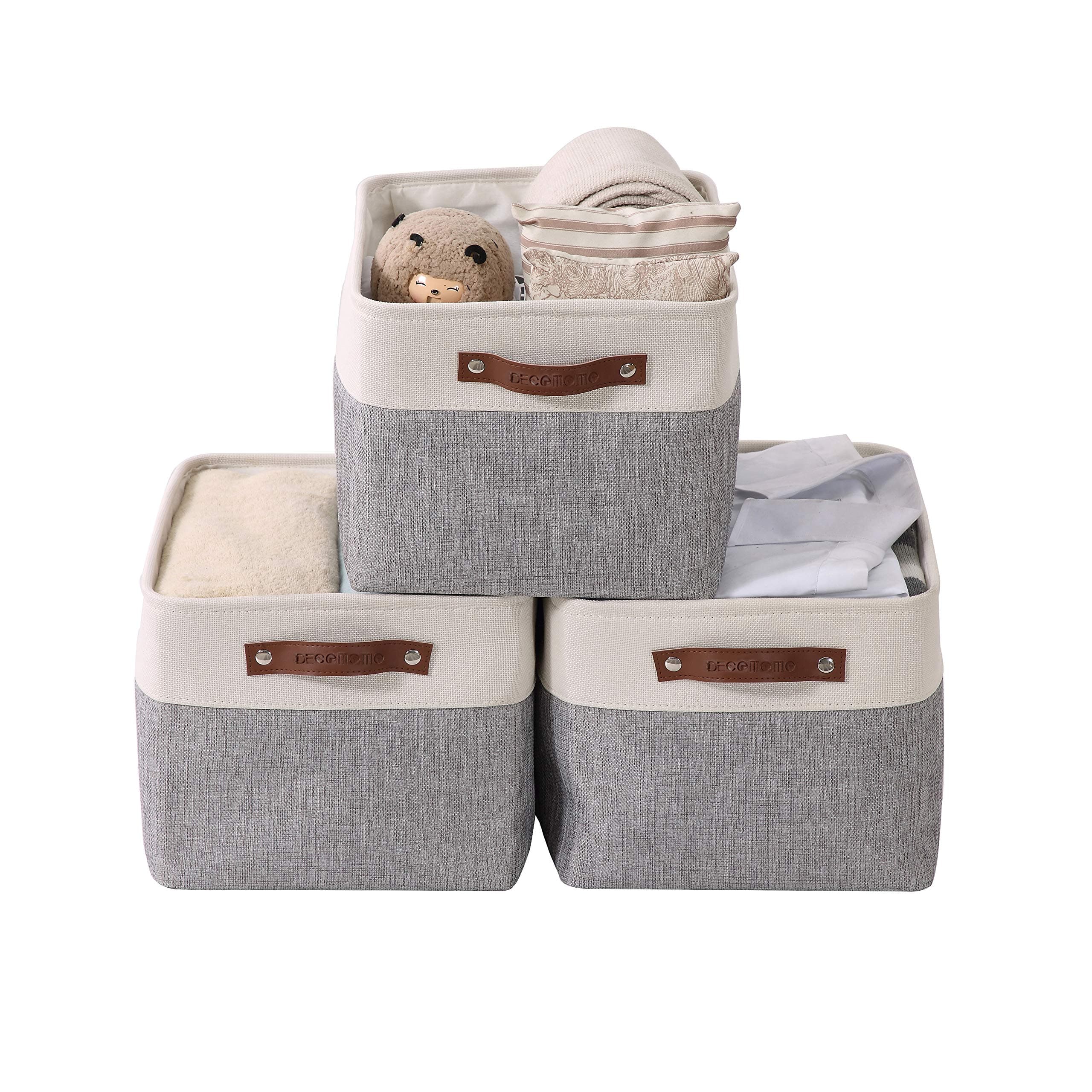 DECOMOMO Storage Bins Fabric Storage Baskets for Shelves, Linen Closet Organization Toys Nursery (Grey and White, XL - 3 Pack)