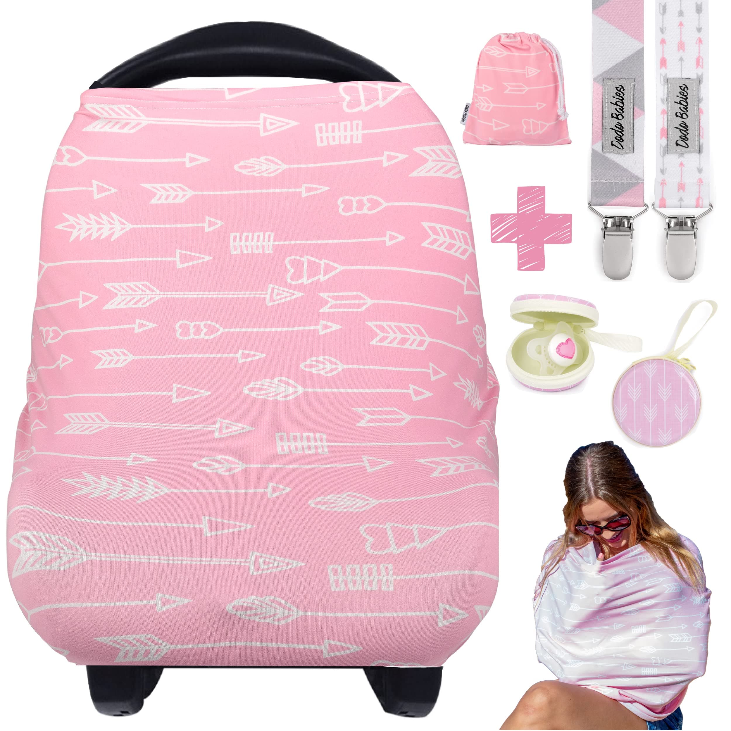 Dodo BabiesNursing Cover & Car Seat Cover - 5-Piece Pink Chevron Cotton Scarf Set - Stretch Multipurpose Breastfeeding Scarf & Infinity Poncho - 2 Pacifier Clips, Binky Case & Travel Bag