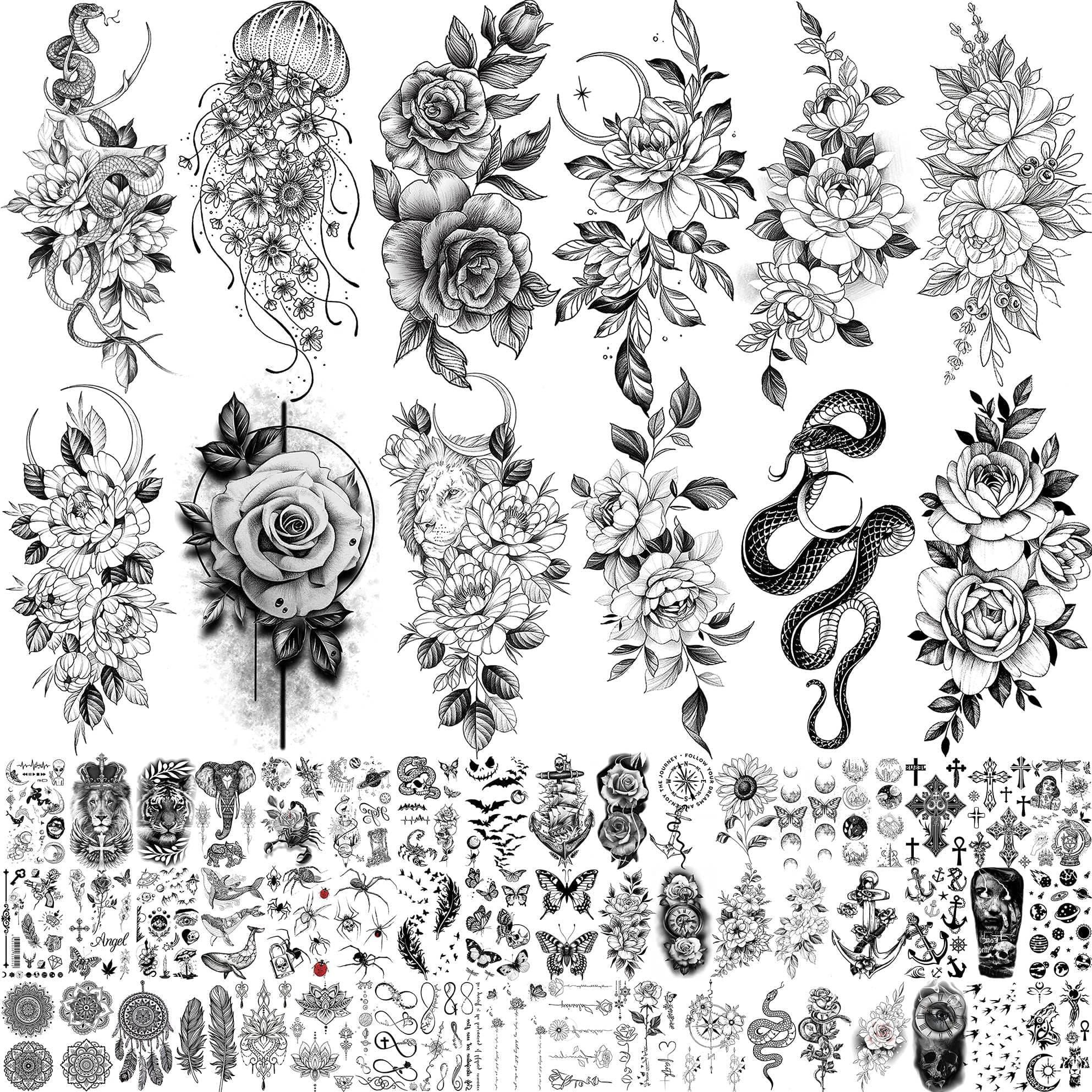 64 Sheets Long Lasting Flower Temporary Fake Tattoos For Women Arm Neck, Jellyfish Sunflower Moon Rose For Adults Girl, 3D Temp Realistic Snake Tatoo Stickers Serpent Peony Floral Kids
