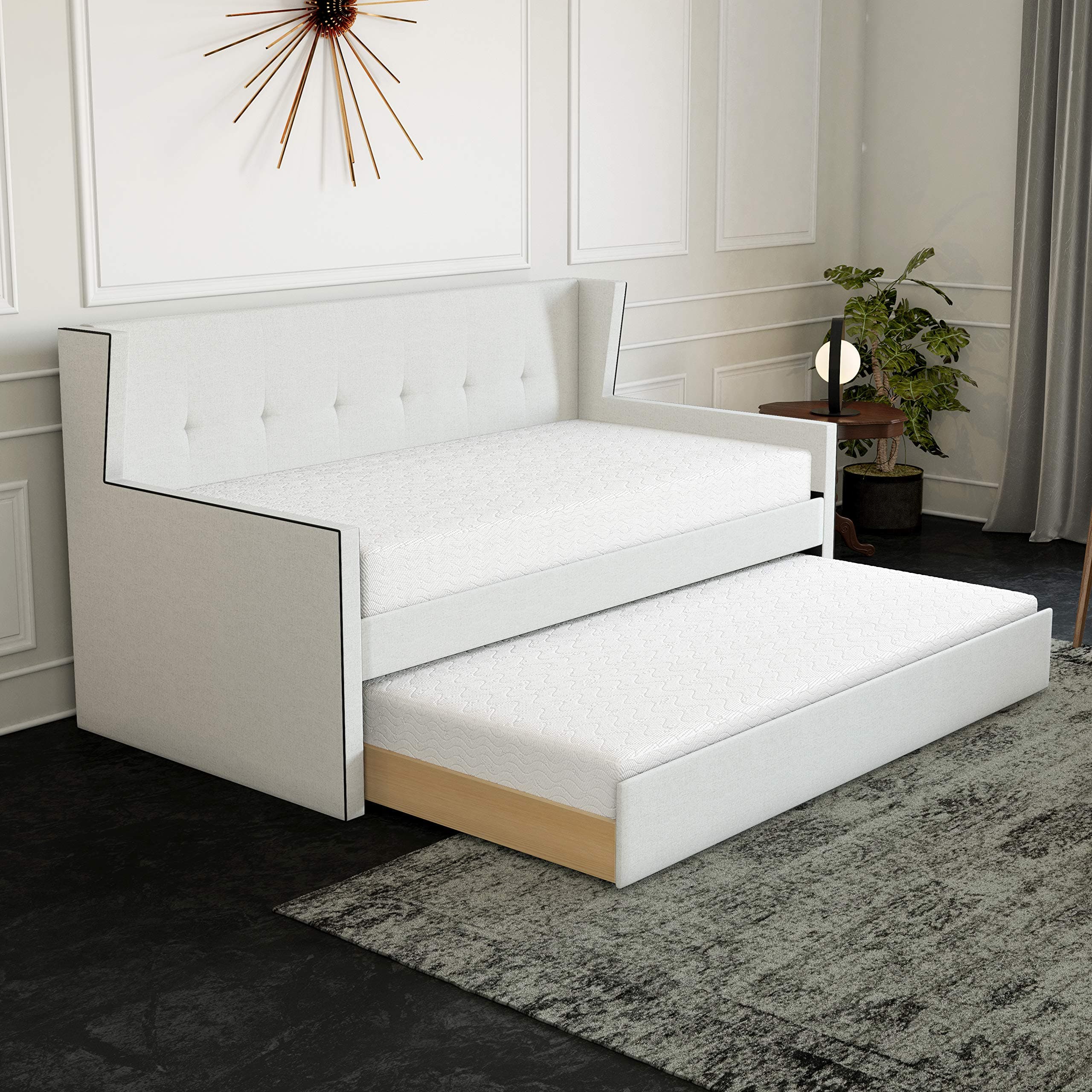Boyd Sleep Cedonia Upholstered Platform Daybed and Pull Out Guest Trundle Bed Frame Mattress Foundation with Strong Wood Slat Supports: Tufted Linen, Cream, Twin