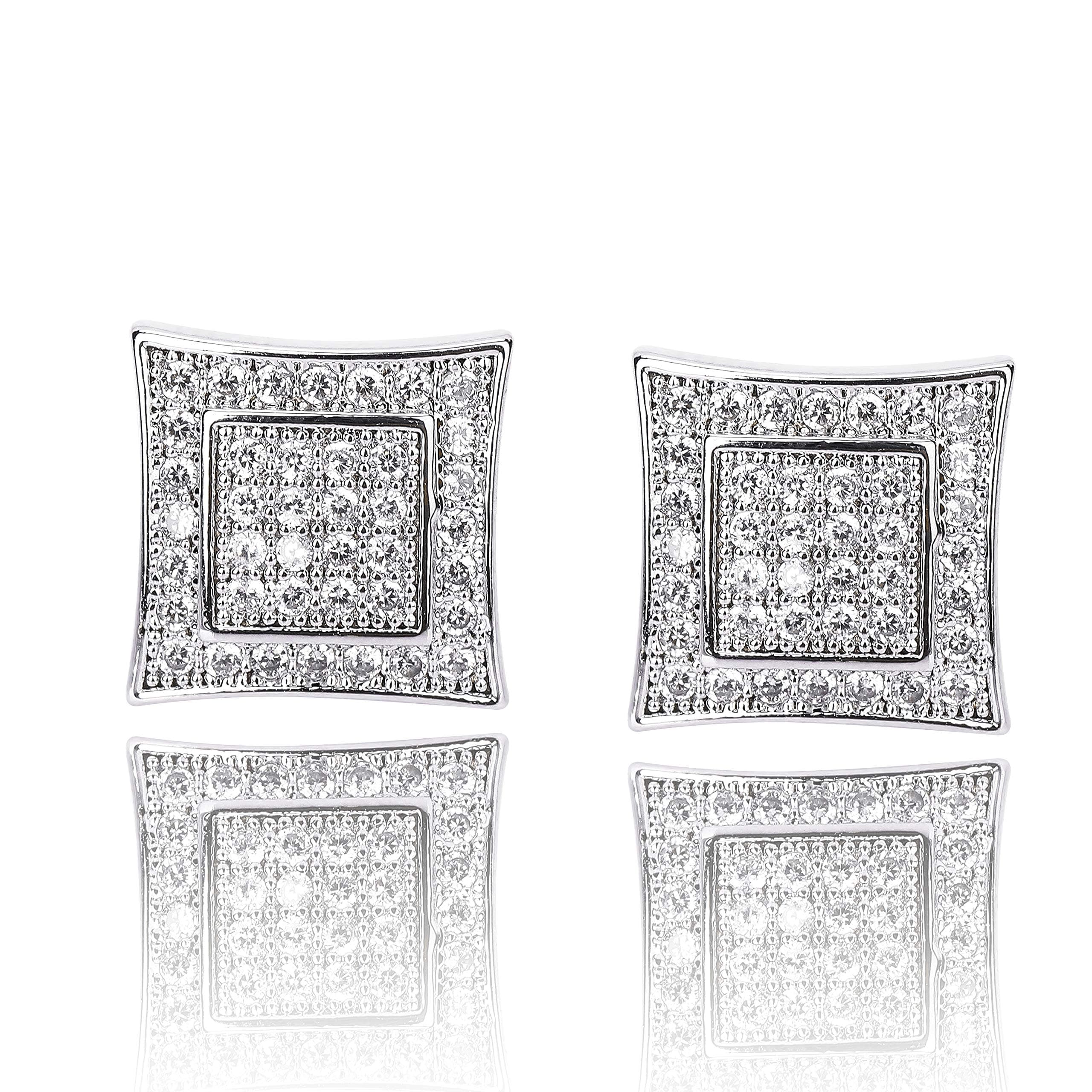 TOPGRILLZ 925 Sterling Silver Iced out Men 14k Gold Square Kite Screw Back Hypoallergenic Stud Earrings with Simulated Diamond