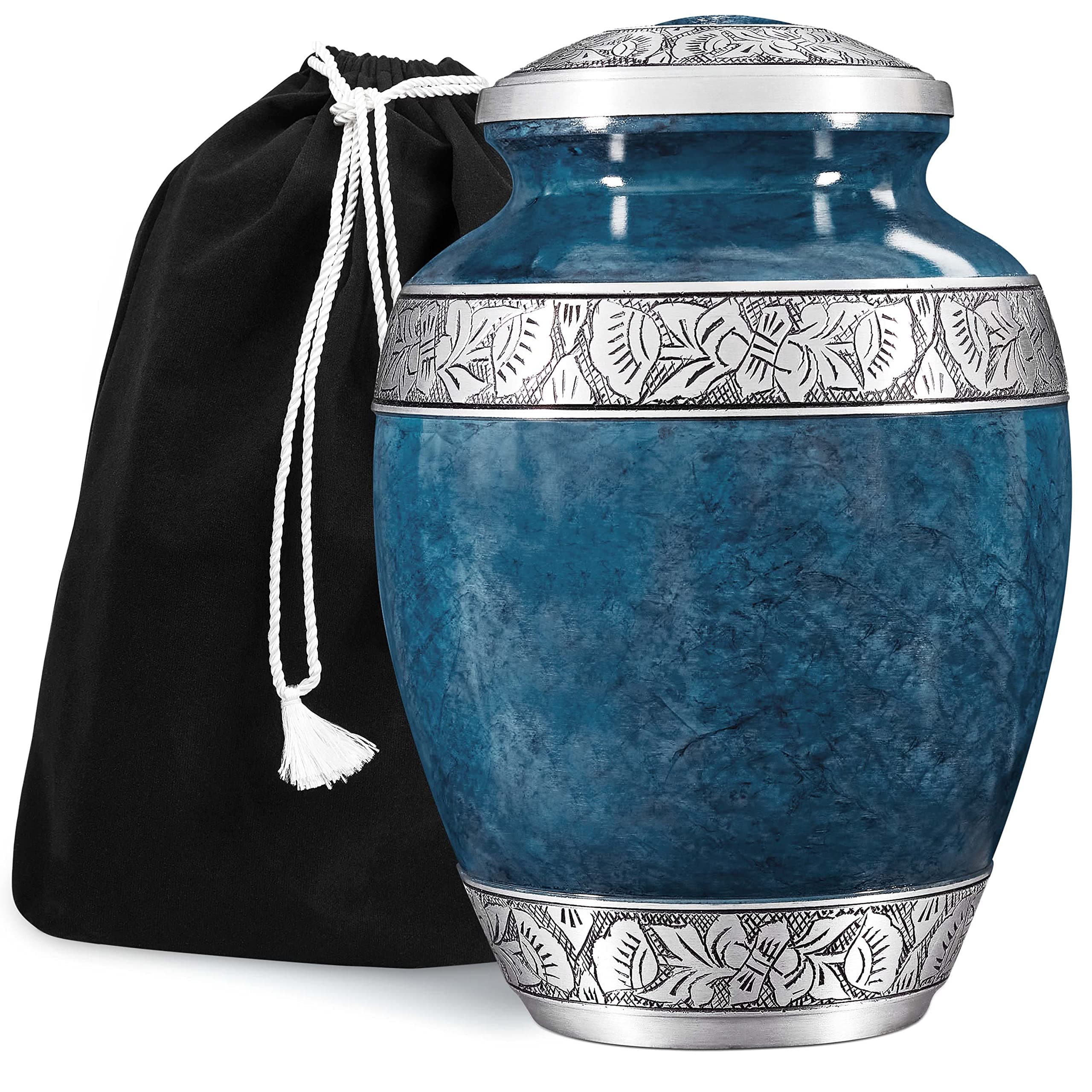 GSM Brands Cremation Urn for Adult Human Ashes - Large Handcrafted Funeral Memorial with Striking Blue Design (Aluminum - 10 Inch Height x 7 Inch Width)